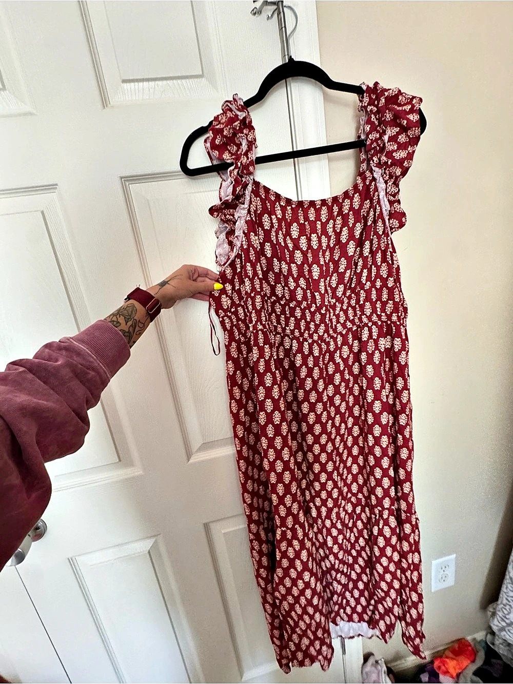 Lucky Brand Floral Print Mix Smocked Midi Dress Red & White 2X